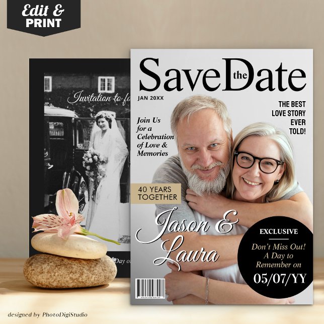 Cartes Pour Fêtes Annuelles Anniversaire du magazine moderne Enregistrer la da (Modern Magazine Anniversary Save the Date Invite)