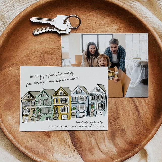 Cartes Pour Fêtes Annuelles Annonce de déménagement des Painted Ladies San Fra (Hand-drawn holiday moving announcement card featuring an illustration of the Painted Ladies.)