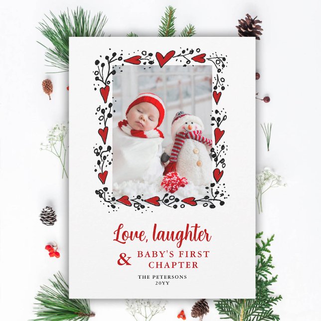 Cartes Pour Fêtes Annuelles Annonce de naissance bébé Amour Rire Vacances (love laughter hearts frame holidays christmas baby announcement family photo card diy red black chic)