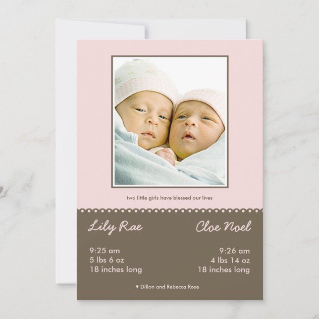 Cartes Pour Fêtes Annuelles Annonce de naissance de jumeaux doublement bénis (Devant)
