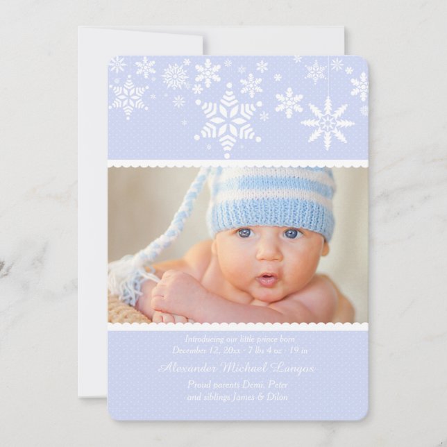 Cartes Pour Fêtes Annuelles Annonce de Naissance Flocons de Neige Hivernaux Bl (Devant)