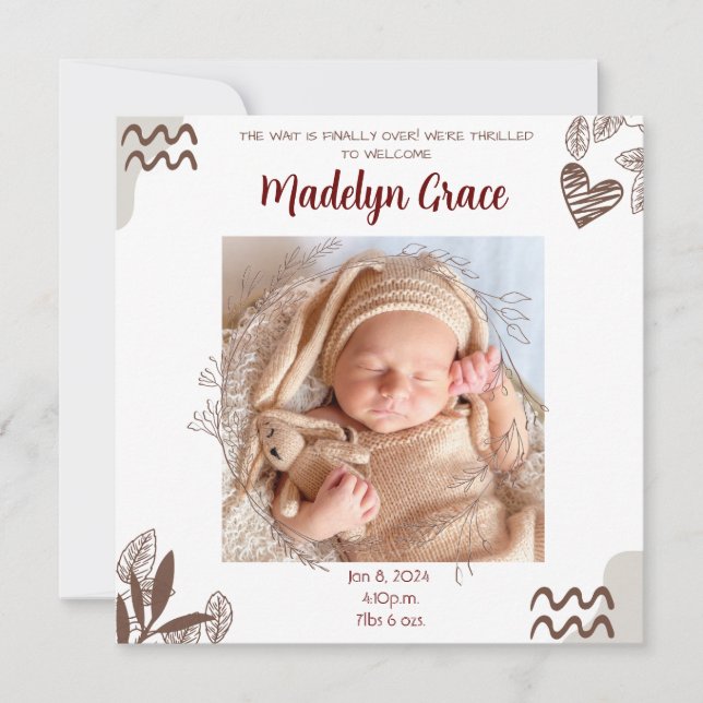 CARTES POUR FÊTES ANNUELLES ANNONCE NAISSANCE BÉBÉ - PERSONNALISABLE (Devant)
