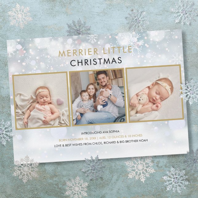 Cartes Pour Fêtes Annuelles Annonce Photo de Noël neigeux pour une naissance (Merrier Little Christmas Snow Photo Birth Holiday Card)