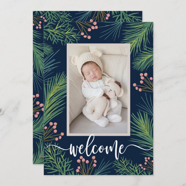 Cartes Pour Fêtes Annuelles Annonces de naissance de pins d'hiver (Devant / Derrière)