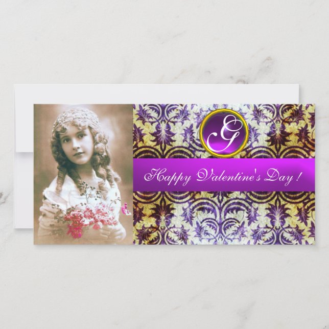 Cartes Pour Fêtes Annuelles ANTIQUE PURPLE DAMASK Amethyst Monogramme (Devant)