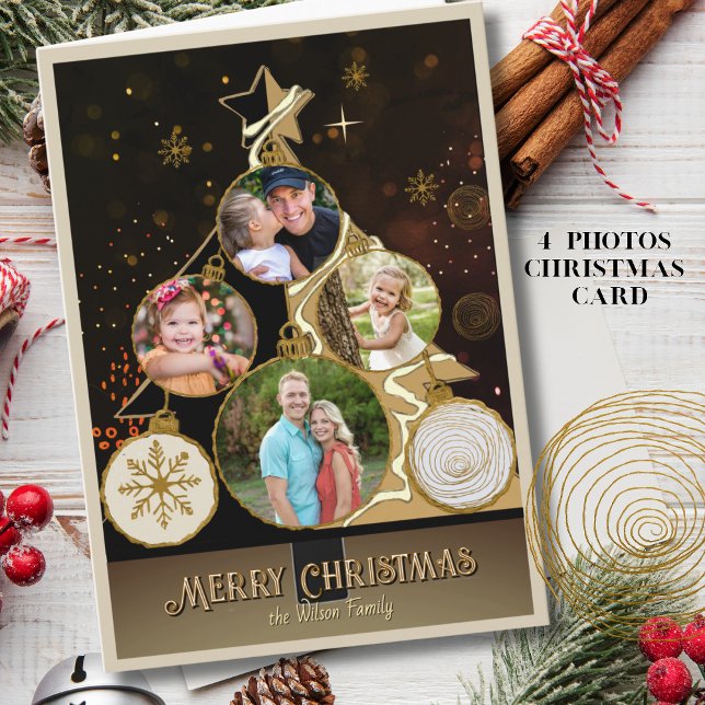 Cartes Pour Fêtes Annuelles Antiqued Brown-Black & Gold 4-Photo Christmas Tree (Antiqued Brown-Black & Gold 4-Photo Christmas Tree Holiday Card)