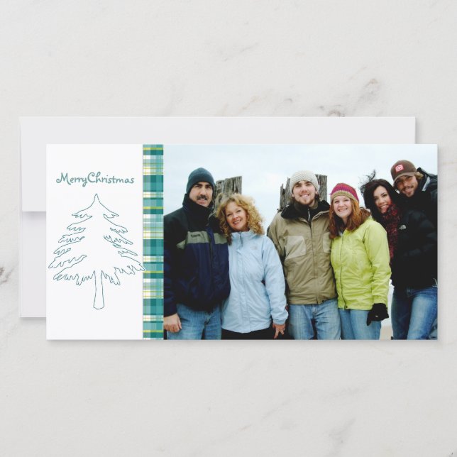 Cartes Pour Fêtes Annuelles Aqua Blue Pine Tree & Plaid Joyeux Noël (Devant)