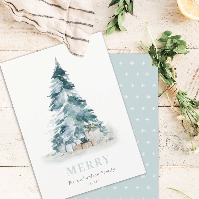 Cartes Pour Fêtes Annuelles Aqua Neige Aquarelle Pine Noël Arbre Cadeaux (Créateur téléchargé)