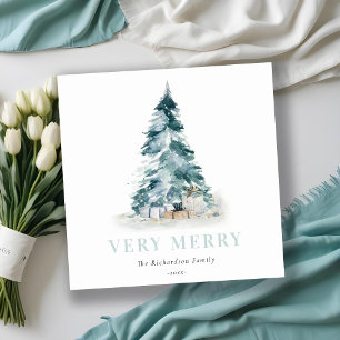 Cartes Pour Fêtes Annuelles Aqua Neige Aquarelle Pins Sapin de Noël Cadeaux 
