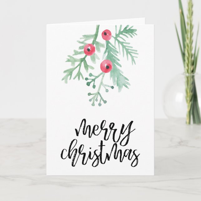 Cartes Pour Fêtes Annuelles Aquarelle à feuillage persistant Joyeux Noël blanc (Devant)