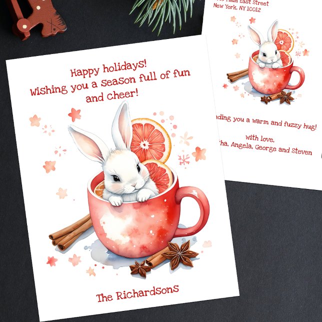 Cartes Pour Fêtes Annuelles Aquarelle adorable Lapin de Noël dans une Mug roug (Créateur téléchargé)
