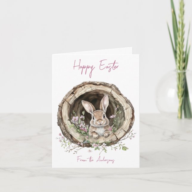 Cartes Pour Fêtes Annuelles Aquarelle adorable lapin et fleurs de printemps (Devant)