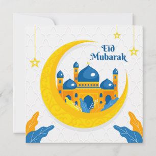 Cartes Pour Fêtes Annuelles Aquarelle Aïd Aïd Moubarak Mosquée Croissant bleu 