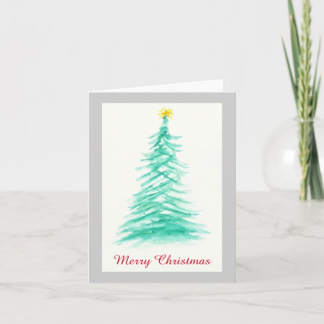 Cartes Pour Fêtes Annuelles Aquarelle Arbre À feuillage persistant Arbre de No (Devant)