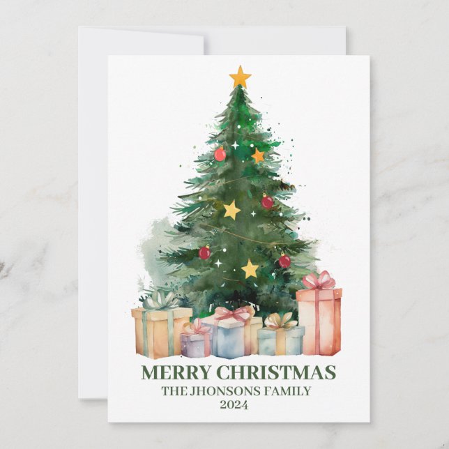 Cartes Pour Fêtes Annuelles Aquarelle Arbre de Noël avec cadeaux (Devant)