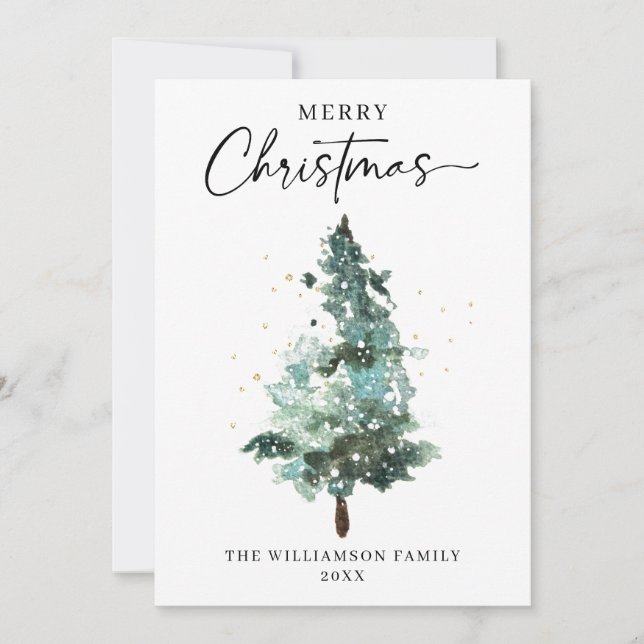 Cartes Pour Fêtes Annuelles Aquarelle Arbre de Noël avec étincelles d'or (Devant)