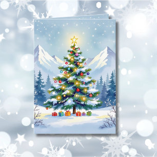 Cartes Pour Fêtes Annuelles Aquarelle Arbre de Noël dans les montagnes Photo