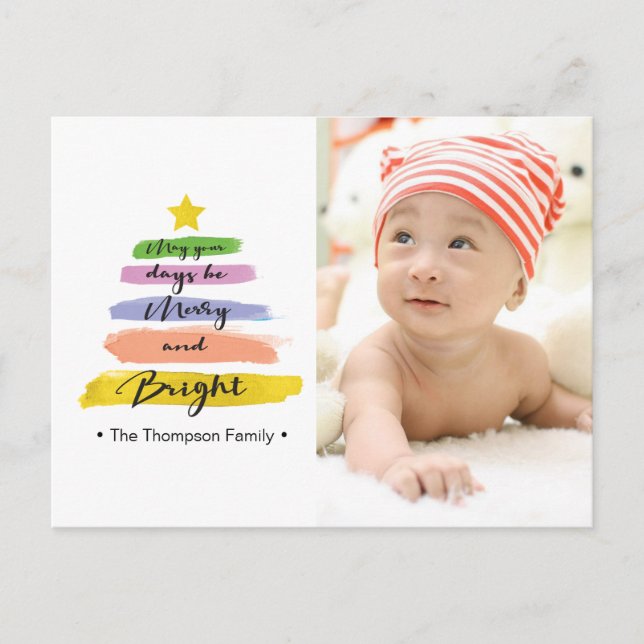 Cartes Pour Fêtes Annuelles Aquarelle, arbre de Noël, étoile, photo (Devant)