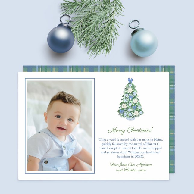 Cartes Pour Fêtes Annuelles Aquarelle Arbre Orné Joyeux Noël (Family Picture Holiday Card With Christmas tree decorated with preppy blue and white ornaments. )