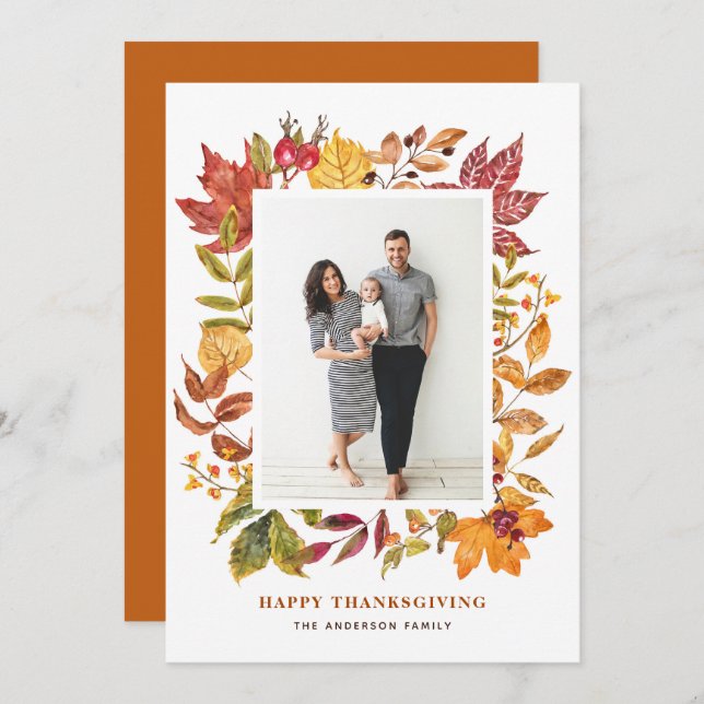 Cartes Pour Fêtes Annuelles Aquarelle Automne Feuilles Cadre Thanksgiving Phot (Devant / Derrière)