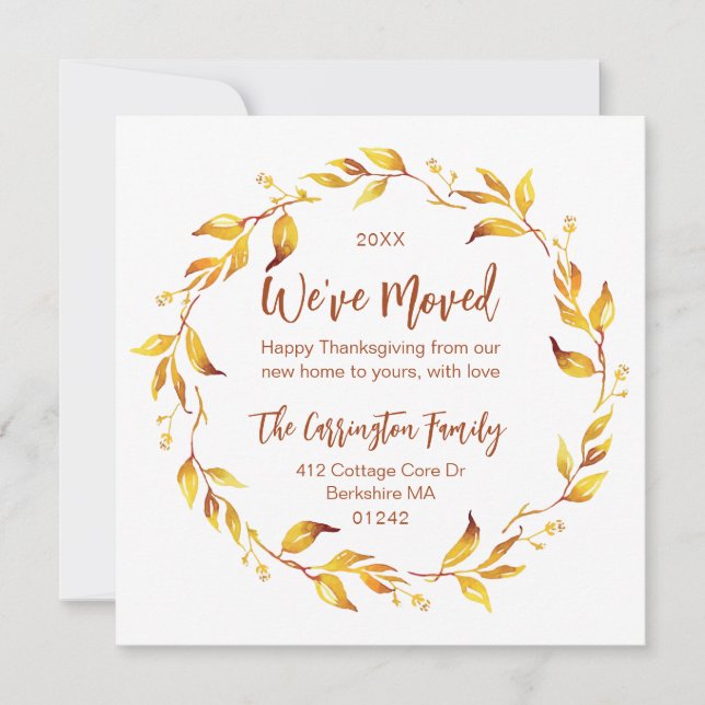 Cartes Pour Fêtes Annuelles Aquarelle Automne Feuilles Nous avons déménagé. (Devant)