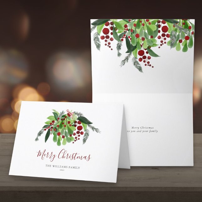 Cartes Pour Fêtes Annuelles Aquarelle Baies rouges Fête verte (Watercolor Red Berries Greenery Christmas Holiday Card)
