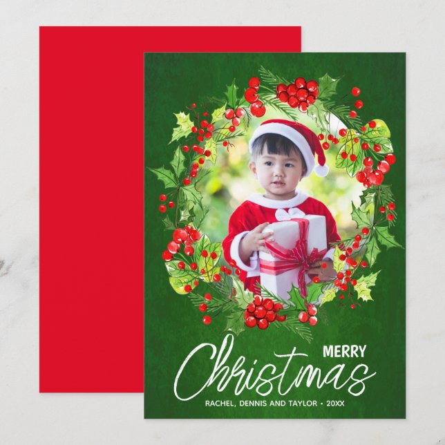 Cartes Pour Fêtes Annuelles Aquarelle Baies rouges Végétal Photo de Noël (Devant / Derrière)