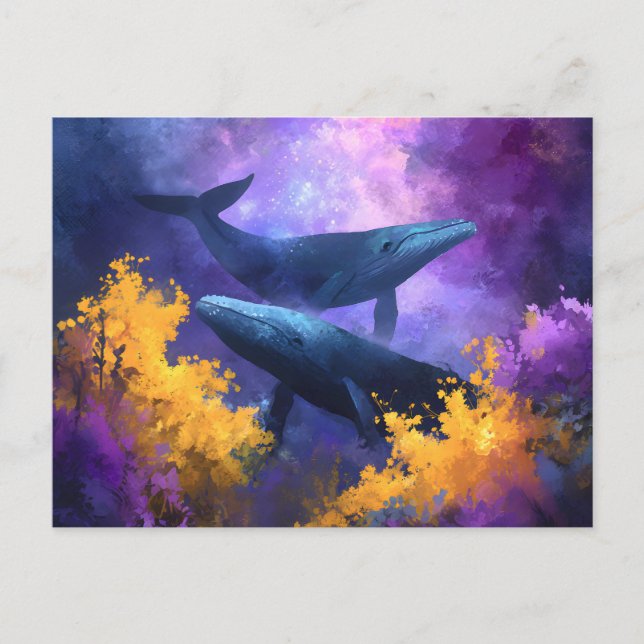 Cartes Pour Fêtes Annuelles Aquarelle Baleines Jardin Océan Abstrait (Devant)