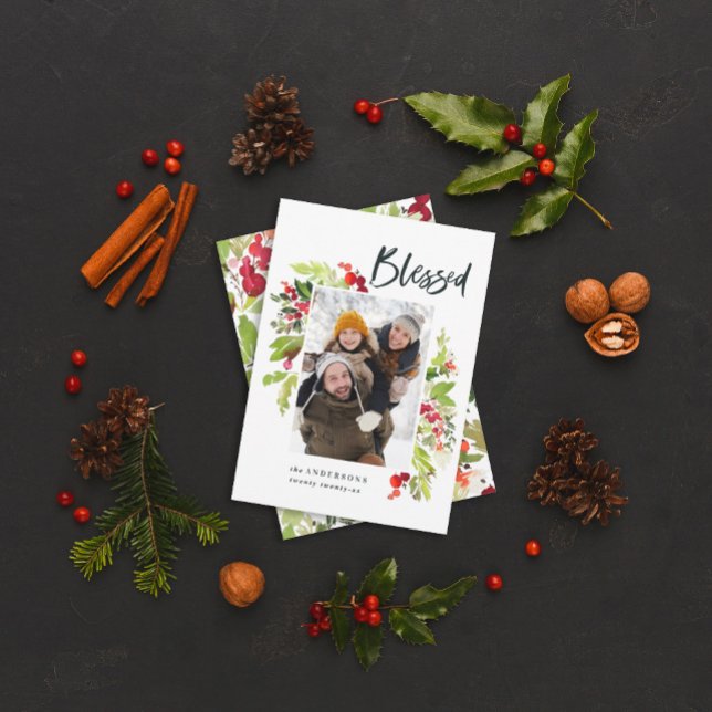 Cartes Pour Fêtes Annuelles Aquarelle bénie feuillage 1 photo noël rouge (Créateur téléchargé)