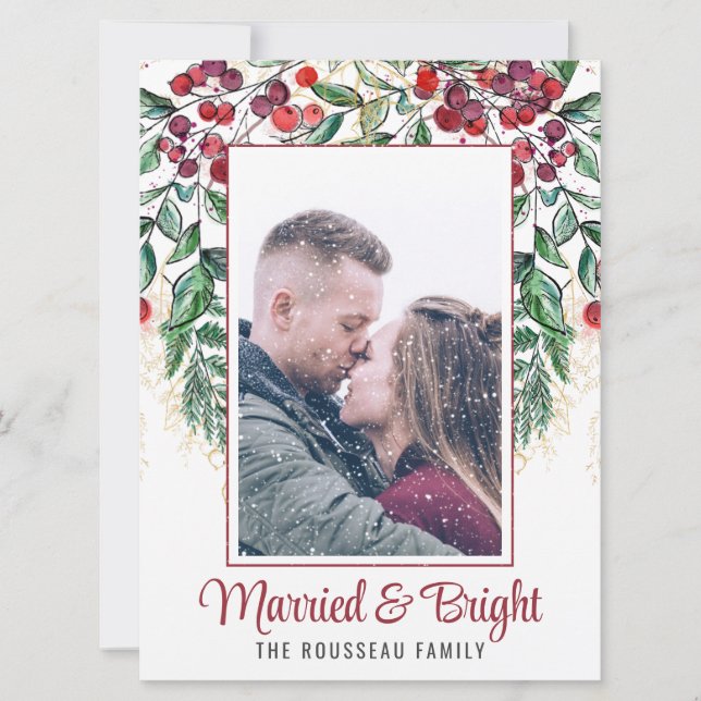 Cartes Pour Fêtes Annuelles Aquarelle Berries À feuillage persistant Marié et  (Devant)