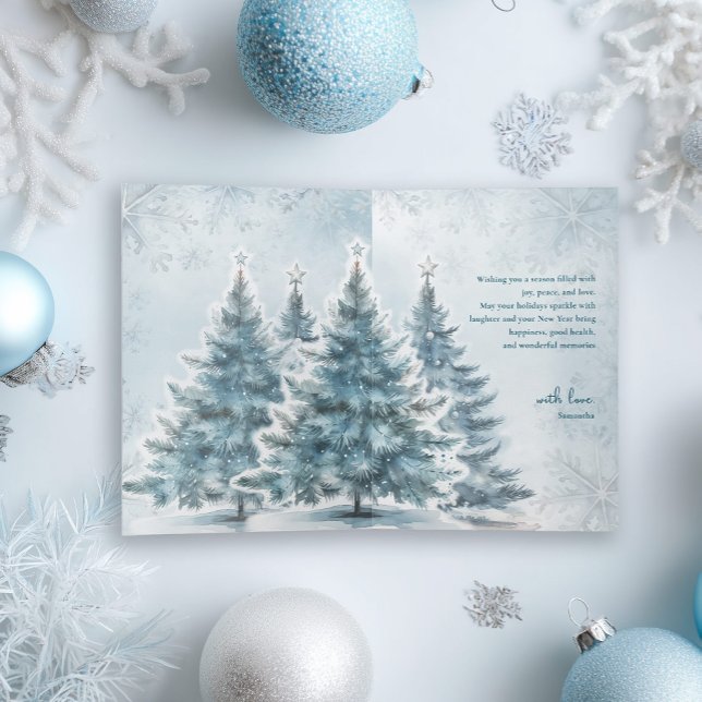 Cartes Pour Fêtes Annuelles Aquarelle Bleu Arbre de Noël Hiver Wonderland (Créateur téléchargé)