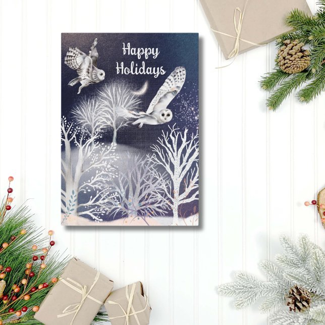Cartes Pour Fêtes Annuelles Aquarelle Bleu & Blanc Arbres Chouette Neige Noël (Watercolor Owls and Trees Blue and White Christmas Card)