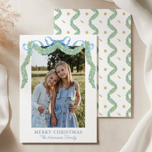 Cartes Pour Fêtes Annuelles Aquarelle bleu Bow Fruit Garland Photo de Noël (Créateur téléchargé)