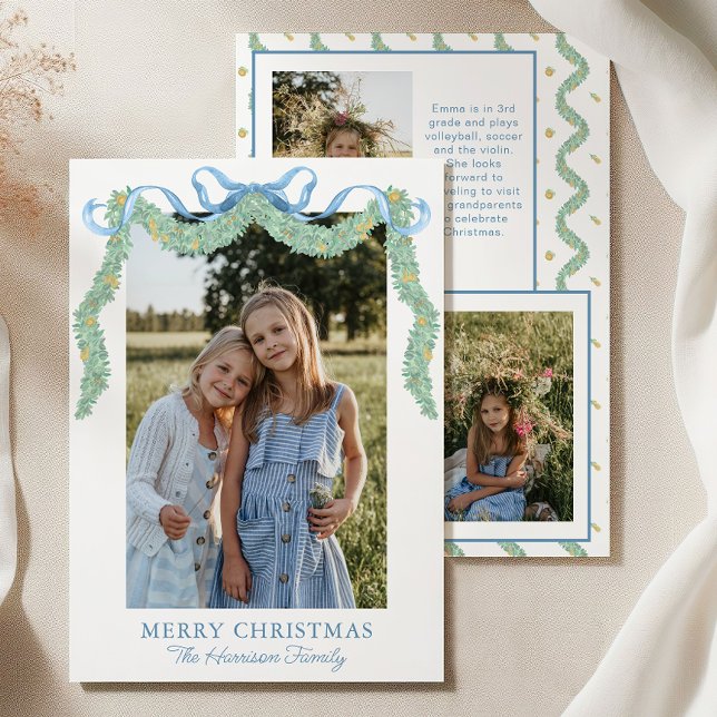 Cartes Pour Fêtes Annuelles Aquarelle bleu Bow Fruit Garland Photo de Noël (Créateur téléchargé)