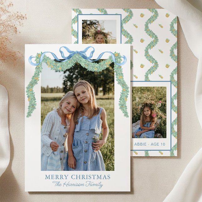 Cartes Pour Fêtes Annuelles Aquarelle bleu Bow Fruit Garland Photo de Noël (Créateur téléchargé)