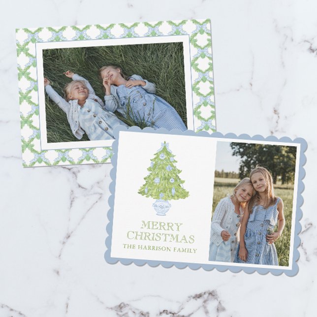 Cartes Pour Fêtes Annuelles Aquarelle bleu Chinoiserie Arbre de Noël Photo (Créateur téléchargé)