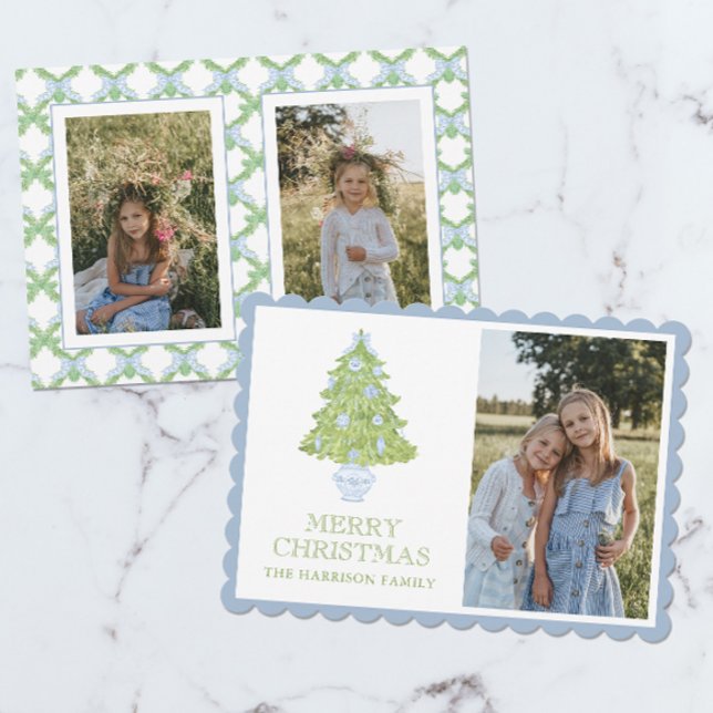 Cartes Pour Fêtes Annuelles Aquarelle bleu Chinoiserie Arbre de Noël Photo (Créateur téléchargé)