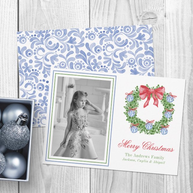 Cartes Pour Fêtes Annuelles Aquarelle bleu Chinoiserie Ornement Wreath Photo (Créateur téléchargé)