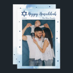 Cartes Pour Fêtes Annuelles Aquarelle bleu classique Bonne photo Hanoukka<br><div class="desc">Carte de vacances photo Hanoukka couleur bleu classique</div>