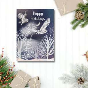 Cartes Pour Fêtes Annuelles Aquarelle Bleu et blanc Chouette neige arbres Noël