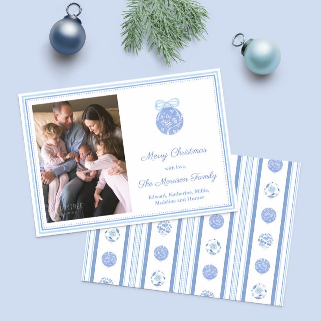 Cartes Pour Fêtes Annuelles Aquarelle Bleu Et Blanc Ornement Photo de Noël (Elegant watercolor bauble with bow and Regency stripes reverse photo Christmas card design)