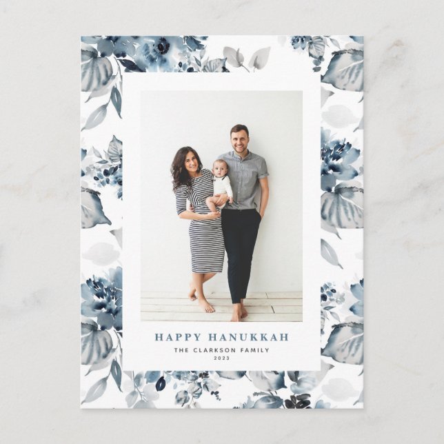 Cartes Pour Fêtes Annuelles Aquarelle Bleu Fleurs Heureux Hanoukka Photo (Devant)