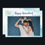Cartes Pour Fêtes Annuelles Aquarelle bleu moderne or joyeuse Hanoukka photo<br><div class="desc">Carte de vacances photo Hanoukka moderne Blue Watercolor or Happy</div>