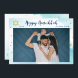 Cartes Pour Fêtes Annuelles Aquarelle bleu moderne or joyeuse Hanoukka photo<br><div class="desc">Carte de vacances photo Hanoukka moderne Blue Watercolor or Happy</div>