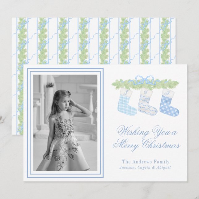 Cartes Pour Fêtes Annuelles Aquarelle Bleu Monogramme de Noël Stockage Photo (Devant / Derrière)