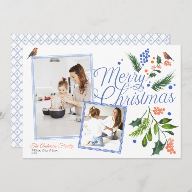 Cartes Pour Fêtes Annuelles Aquarelle Bleu Orange Joyeux Noël Deux photos (Devant / Derrière)