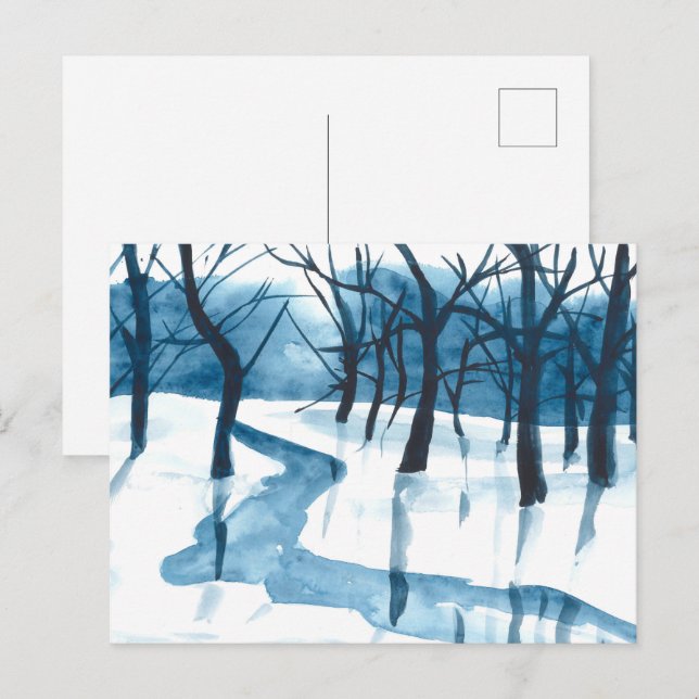 Cartes Pour Fêtes Annuelles Aquarelle bleu paysage, arbres et rivière, neige (Devant / Derrière)