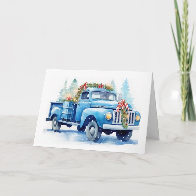 Cartes Pour Fêtes Annuelles Aquarelle bleu rétro Chariot de Noël (Devant)