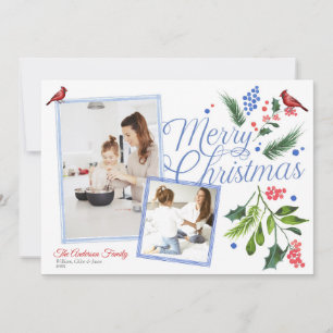 Cartes Pour Fêtes Annuelles Aquarelle Bleu Rouge Joyeux Noël Deux photos