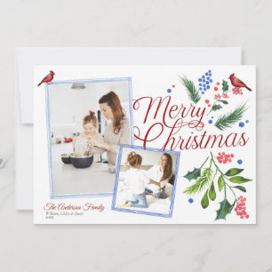 Cartes Pour Fêtes Annuelles Aquarelle Bleu Rouge Joyeux Noël Deux photos